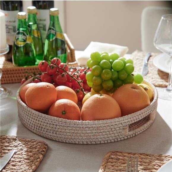 11.8 inch Round Rattan Tray,Ottoman Tray,Woven Serving Tray with Cut-Out Handles - Picture 6 of 7